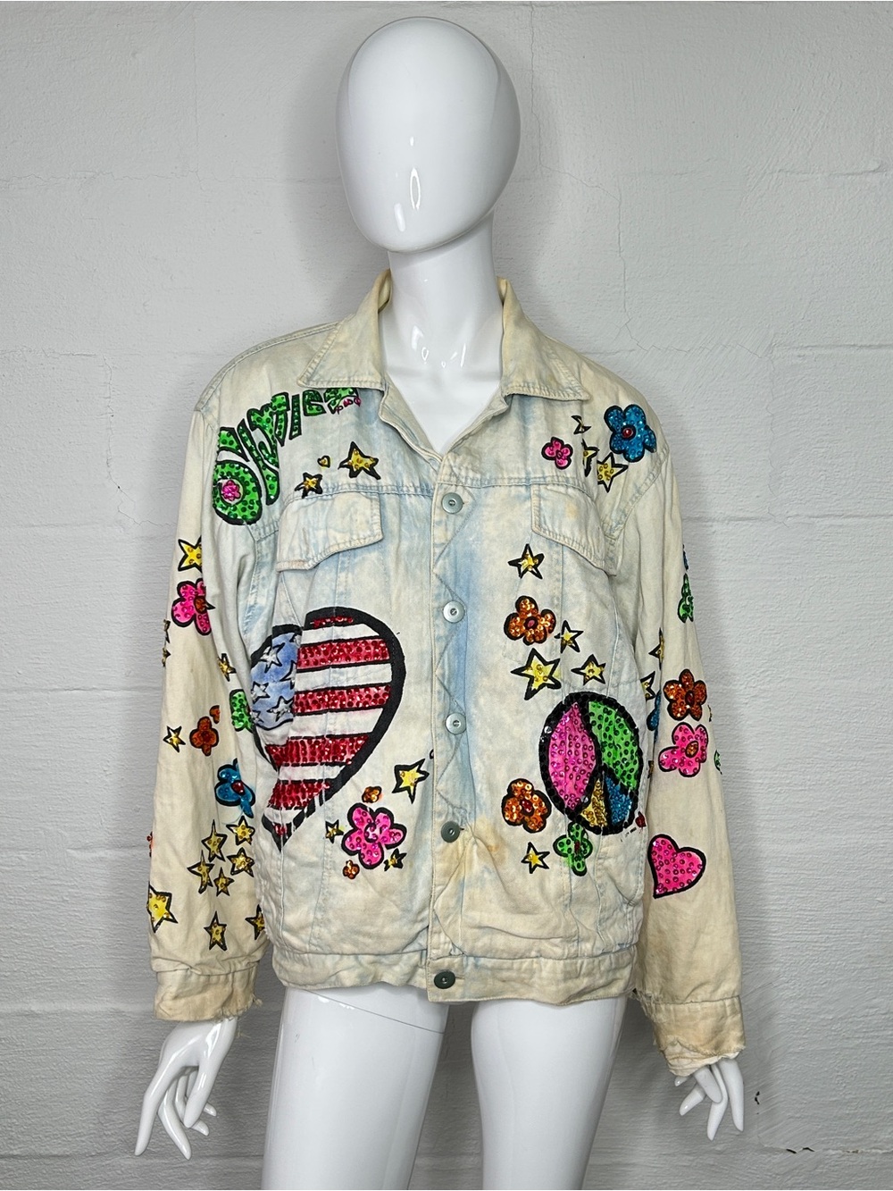 Vintage Denim Jacket Womens Oversized Small Light Wash JouJou Sequins 1989